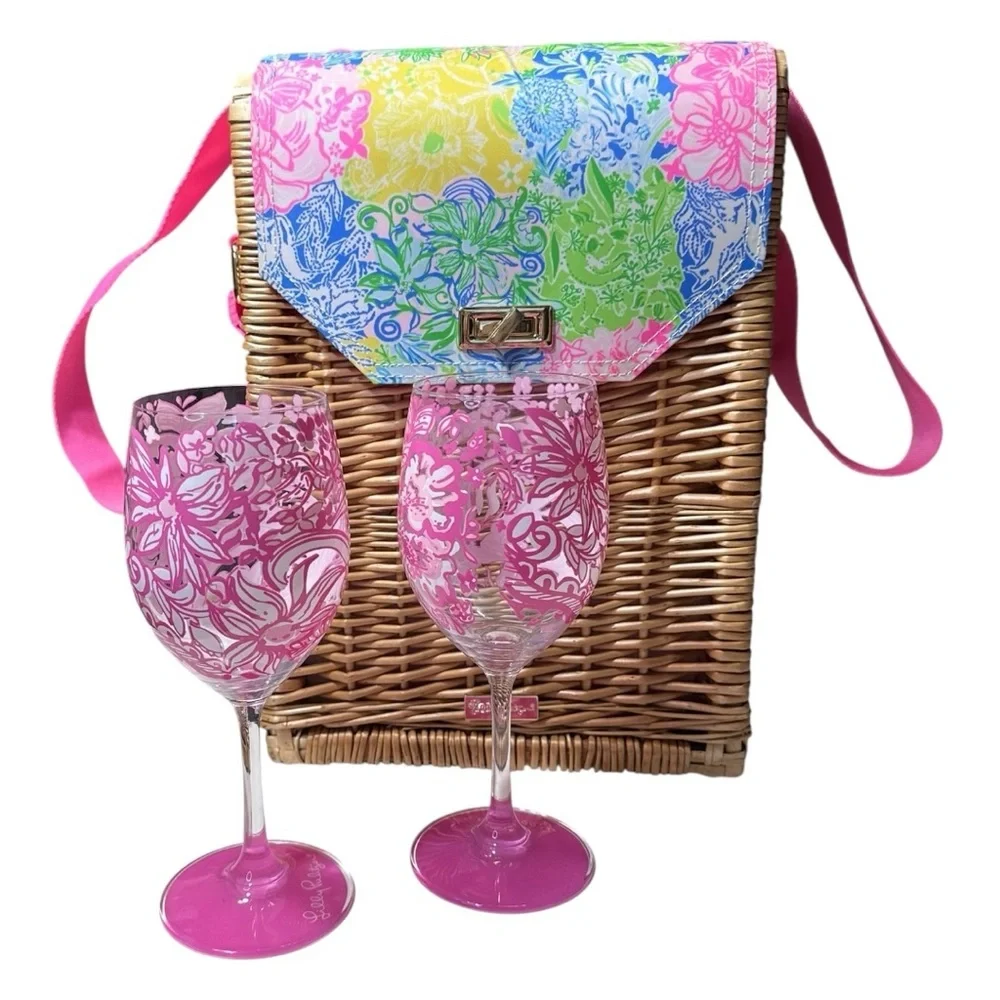 Lilly Pulitzer Wine Basket with Shoulder Strap and Two Wine Glasses
